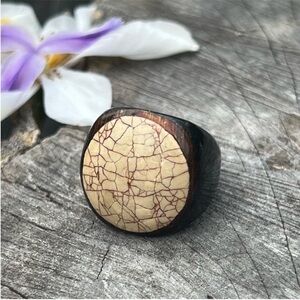 Vintage Wood Statement Ring with Cream Crackle Finish Size 8.5